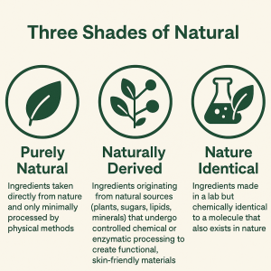 Three Shades of Natural icons showing Purely Natural, Naturally Derived, and Nature Identical ingredient categories on the ORY Skincare website.