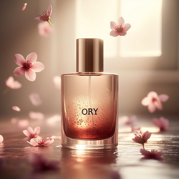 ORY bi-phasic infusion skincare bottle with visible dual-phase formula, surrounded by soft floral petals to represent oil and water activation for balanced hydration.