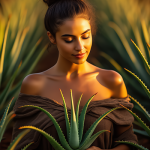 Serene woman with bun hairstyle holding fresh aloe vera plant in golden sunset aloe field, embodying natural skincare benefits of aloe leaf extract for hydration and soothing.