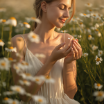 Woman in a chamomile field at golden hour symbolizing alpha bisabolol, a soothing botanical ingredient used in skincare to calm sensitive skin and reduce irritation.