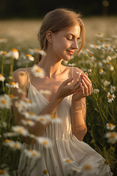 Woman in a chamomile field at golden hour symbolizing alpha bisabolol, a soothing botanical ingredient used in skincare to calm sensitive skin and reduce irritation.