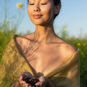 Asian woman with radiant, golden skin holding babchi seeds in a sunlit field, representing bakuchiol oil, a gentle plant-based retinol alternative for sensitive skin.