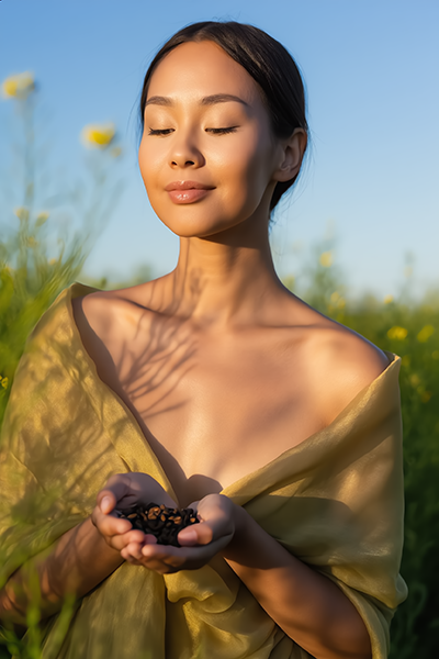 Asian woman with radiant, golden skin holding babchi seeds in a sunlit field, representing bakuchiol oil, a gentle plant-based retinol alternative for sensitive skin.