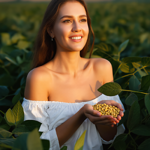 Woman holding soybeans in a sunlit soybean field representing soy extract, a botanical skincare ingredient known for hydration, antioxidant protection, and skin barrier support.