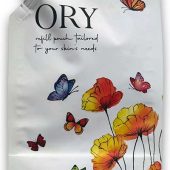 ORY refill pouch featuring botanical illustrations, designed for custom-made lotions, toners, serums, cleansers, creams, and body oils.