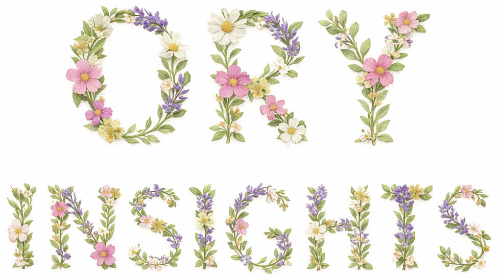 “ORY Insights” spelled in floral lettering made of botanical leaves and blossoms, representing ORY Skincare’s natural, ingredient-led skincare guidance.