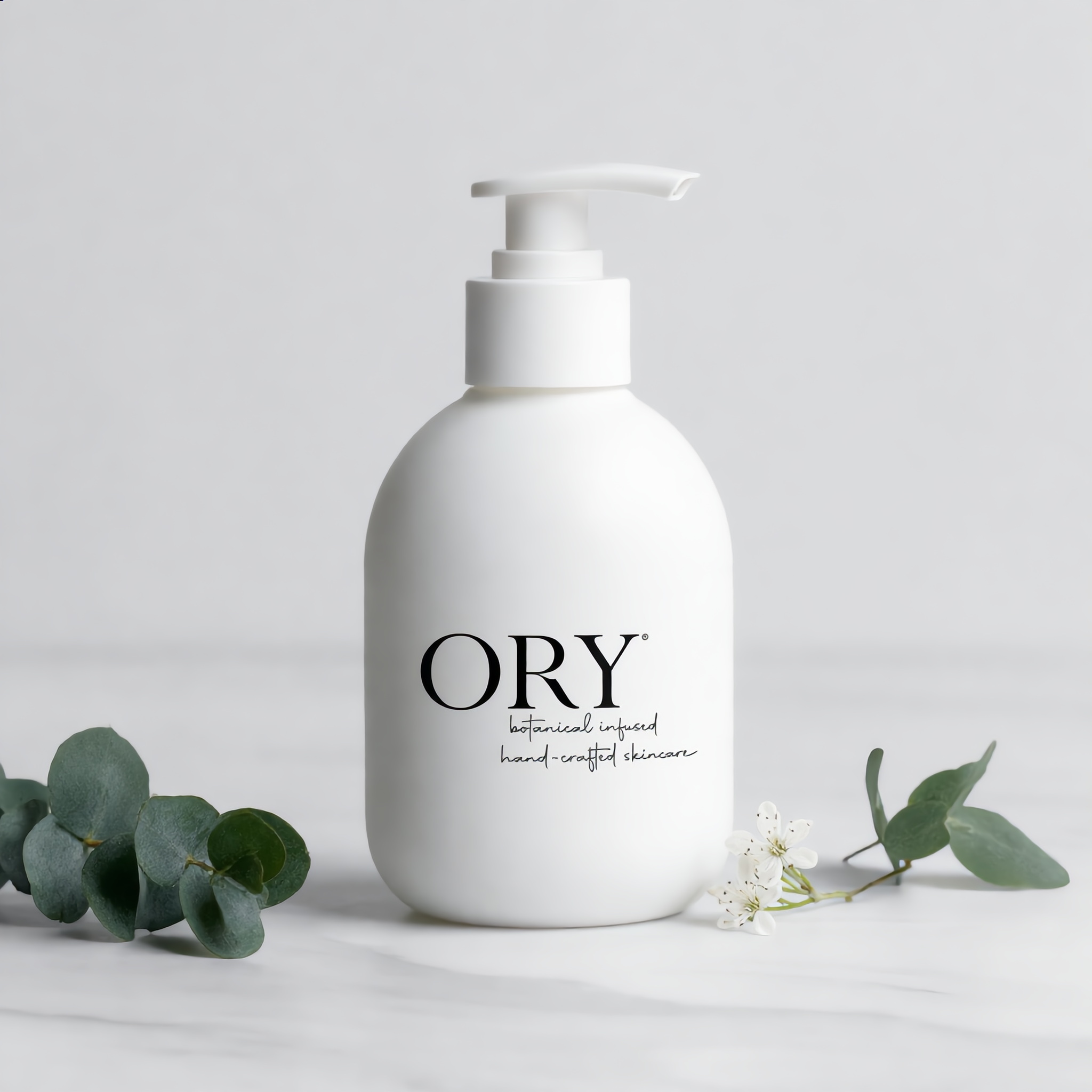 ORY botanical infused handcrafted cleanser bottle with minimalist white pump packaging for personalized skincare routine