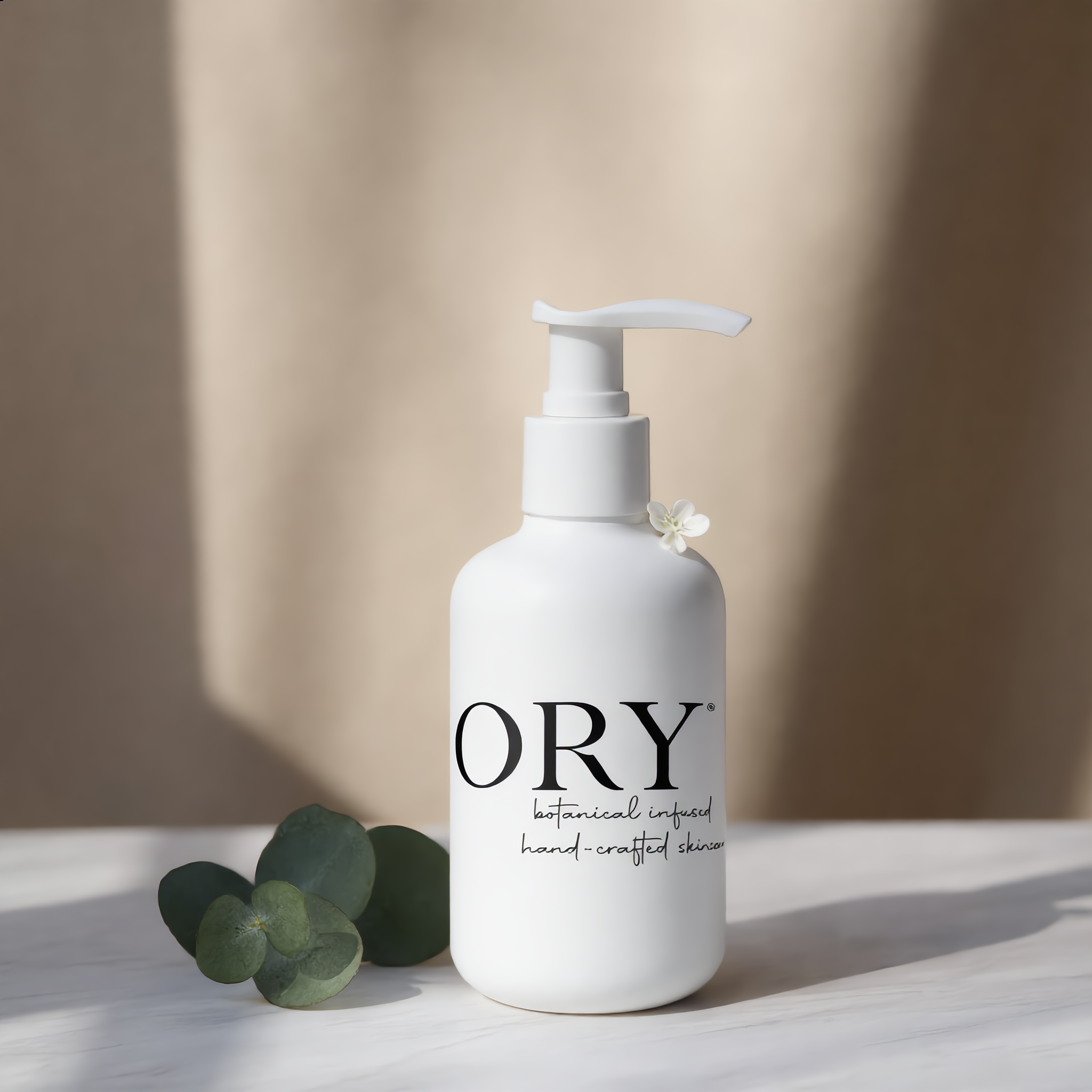 ORY botanical infused handcrafted lotion bottle with minimalist white pump design for customized skincare