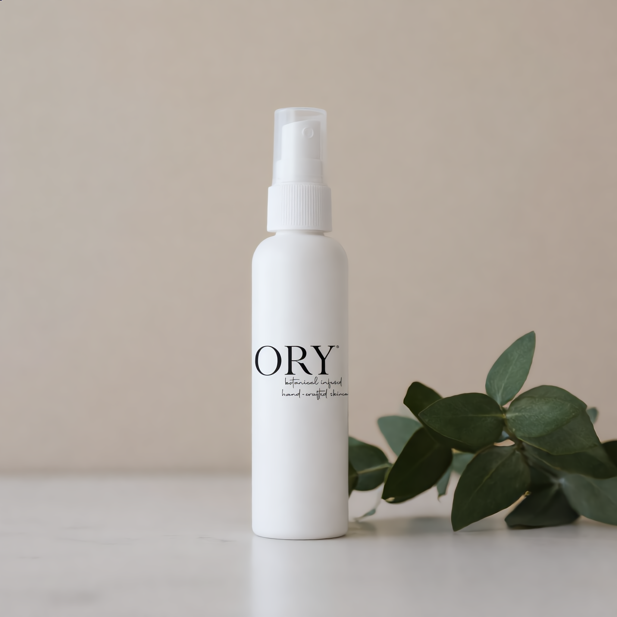 ORY botanical infused handcrafted toner spray bottle with minimalist white design for personalized skincare routine