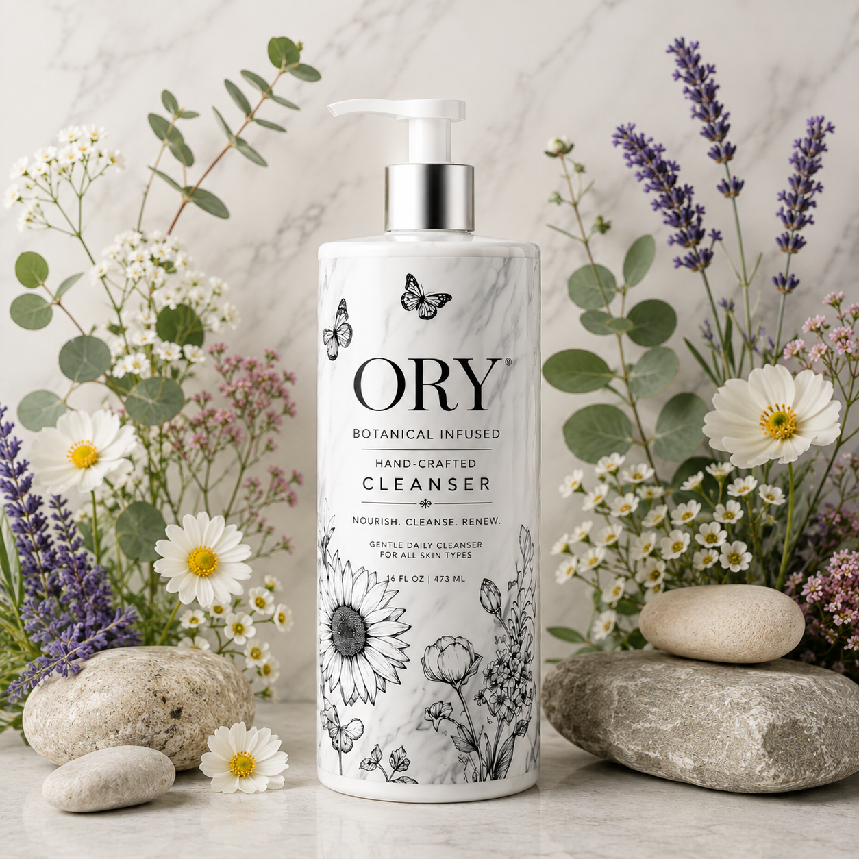 ORY Botanical Infused Hand-Crafted Cleanser pump bottle surrounded by lavender, eucalyptus and white botanical flowers.