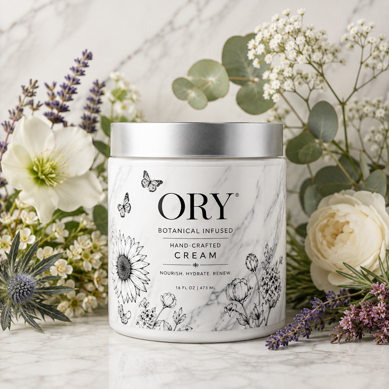 ORY Botanical Infused Hand-Crafted Cream jar with floral illustrations surrounded by lavender, eucalyptus and white flowers.
