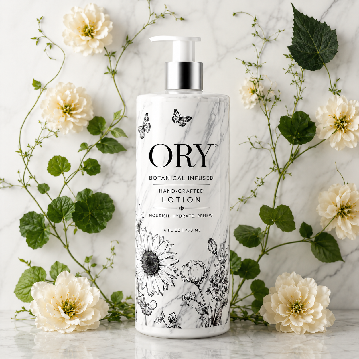 ORY Botanical Infused Hand-Crafted Lotion bottle surrounded by lavender, eucalyptus and botanical flowers.