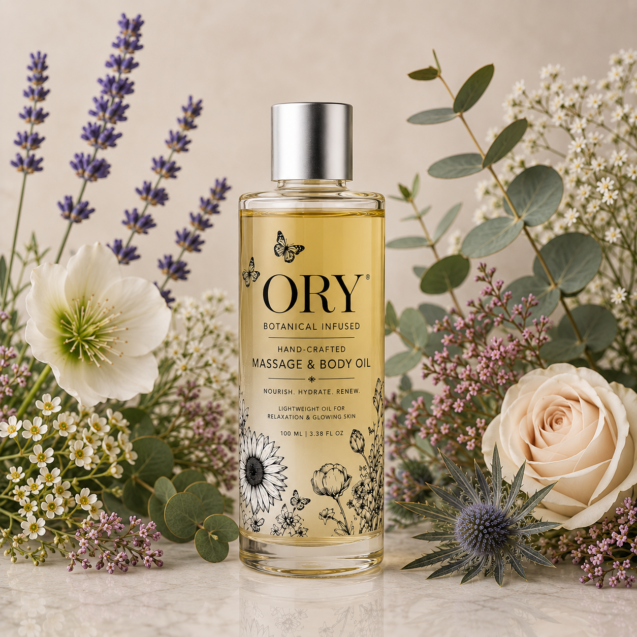 ORY Botanical Infused Hand-Crafted Massage & Body Oil in a clear 100 ml bottle surrounded by lavender and botanical flowers.