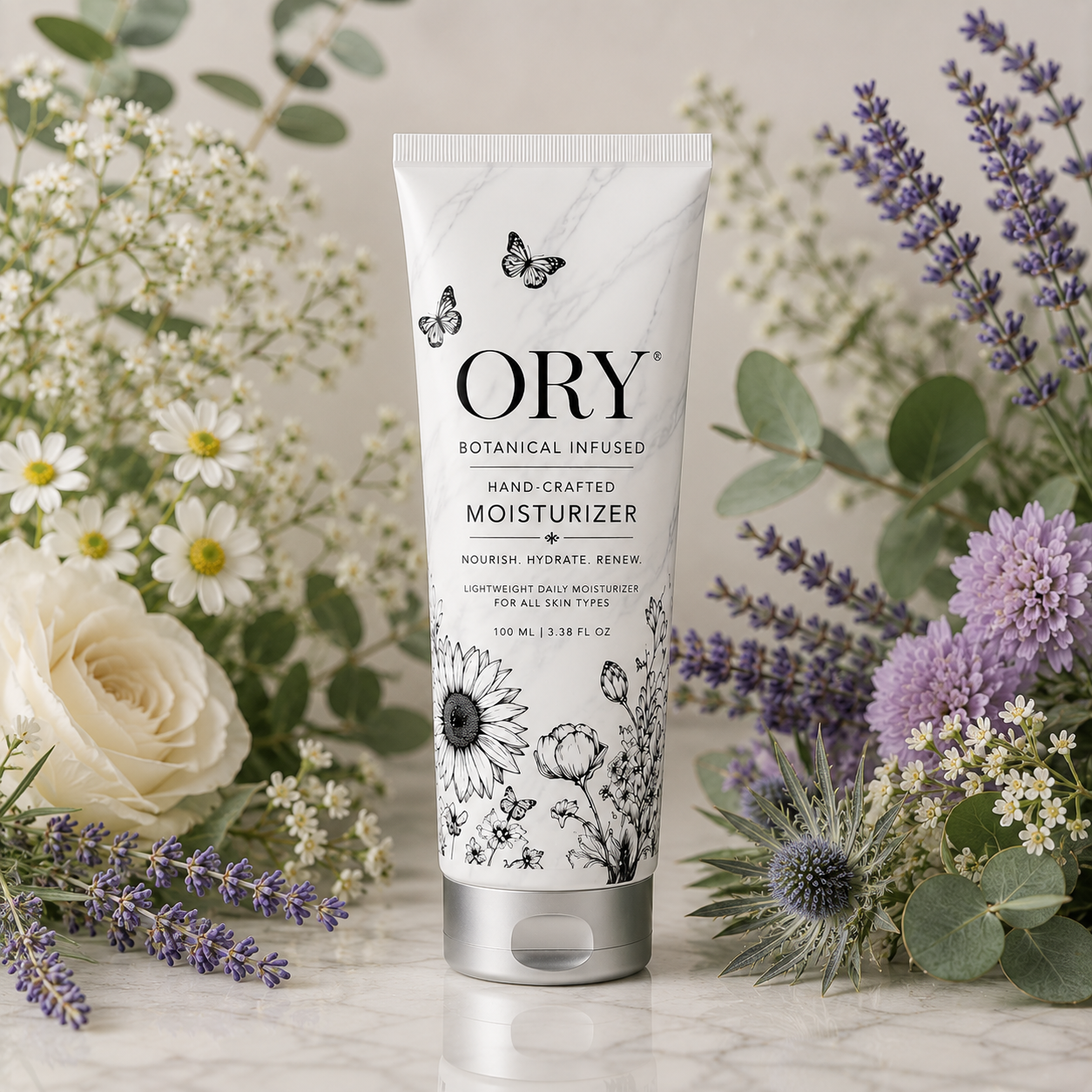 ORY Botanical Infused Hand-Crafted Moisturizer in a 100 ml tube surrounded by lavender, eucalyptus and white flowers.