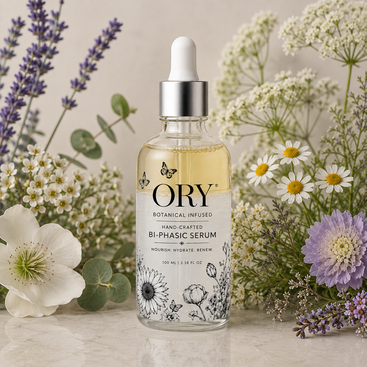 ORY Botanical Infused Hand-Crafted Bi-Phasic Serum in a 100 ml dropper bottle surrounded by botanical flowers.