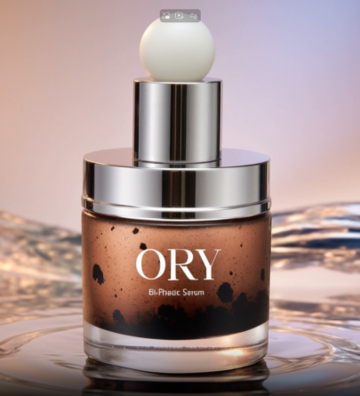 ORY bi-phasic serum bottle showing distinct oil and water layers, highlighting oil-and-water skincare synergy for balanced hydration and nourishment.