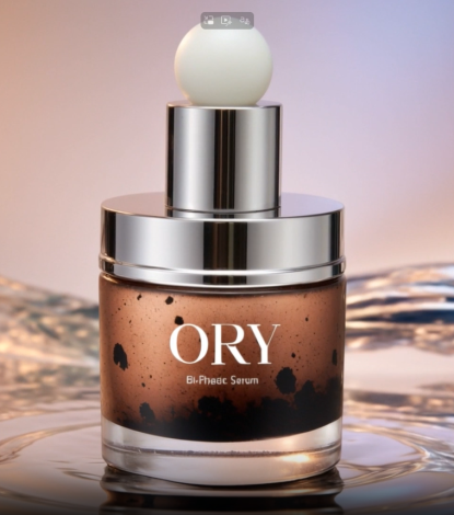 ORY bi-phasic serum bottle showing distinct oil and water layers, highlighting oil-and-water skincare synergy for balanced hydration and nourishment.
