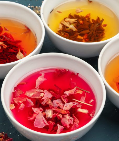 Natural botanical colorants steeped in liquid form, showcasing plant-based hues used in skincare formulations for function, sensorial experience, and visual balance.