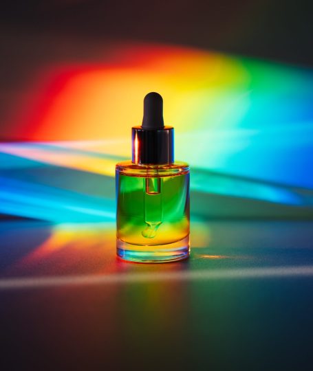 Glass serum bottle illuminated by a full color spectrum of light, symbolizing the emotional and psychological impact of color in skincare rituals.