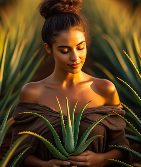 Serene woman with bun hairstyle holding fresh aloe vera plant in golden sunset aloe field, embodying natural skincare benefits of aloe leaf extract for hydration and soothing.