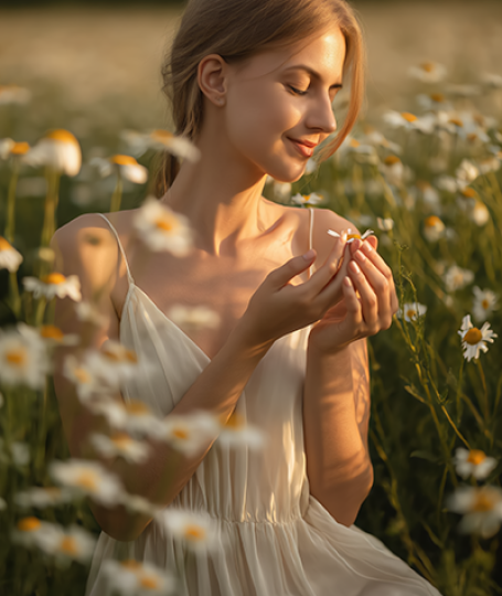 Woman in a chamomile field at golden hour symbolizing alpha bisabolol, a soothing botanical ingredient used in skincare to calm sensitive skin and reduce irritation.