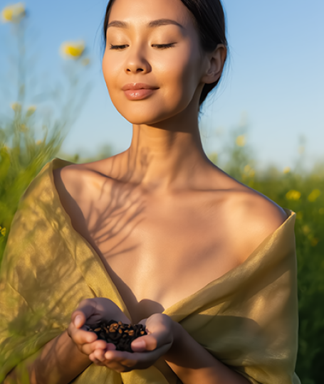 Asian woman with radiant, golden skin holding babchi seeds in a sunlit field, representing bakuchiol oil, a gentle plant-based retinol alternative for sensitive skin.