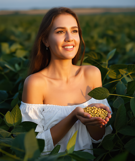 Woman holding soybeans in a sunlit soybean field representing soy extract, a botanical skincare ingredient known for hydration, antioxidant protection, and skin barrier support.