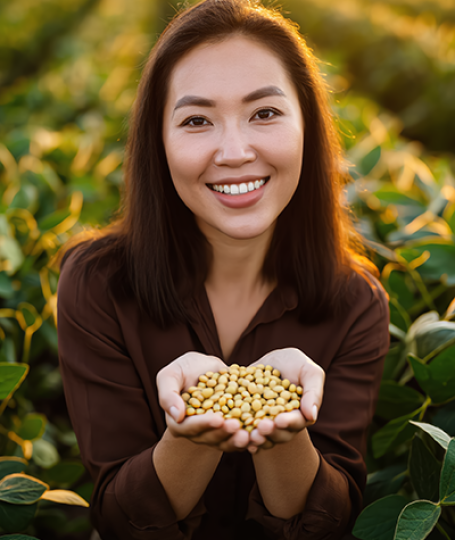 Woman holding fresh soybeans in a sunlit soybean field, representing soybean as a natural botanical ingredient used in skincare for nourishment and hydration.
