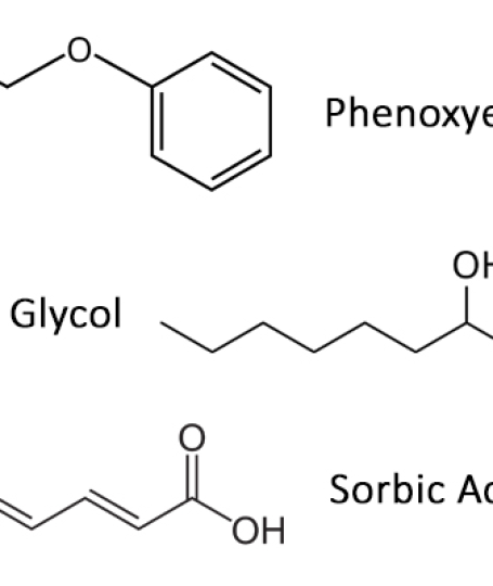 Chemical structures of Phenoxyethanol, Caprylyl Glycol, and Sorbic Acid, components of Optiphen Plus preservative blend in Oryskincare's safe, effective skincare products for extended shelf life and gentle protection against microbes.