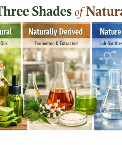 Three Shades of Natural clean beauty framework illustrating Purely Natural botanical oils and raw extracts, Naturally Derived fermented skincare ingredients, and Nature Identical lab-synthesized compounds used by ORY Skincare.