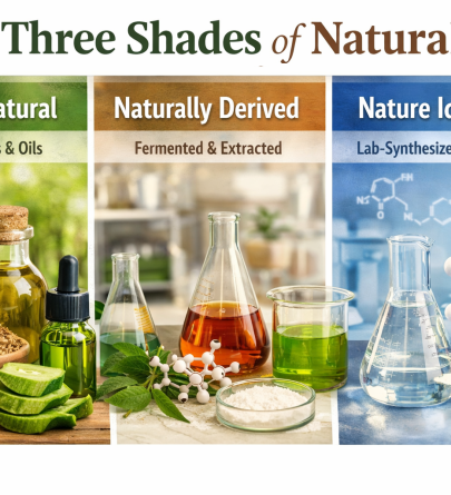 Three Shades of Natural clean beauty framework illustrating Purely Natural botanical oils and raw extracts, Naturally Derived fermented skincare ingredients, and Nature Identical lab-synthesized compounds used by ORY Skincare.