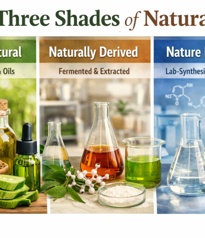 Three Shades of Natural clean beauty framework illustrating Purely Natural botanical oils and raw extracts, Naturally Derived fermented skincare ingredients, and Nature Identical lab-synthesized compounds used by ORY Skincare.