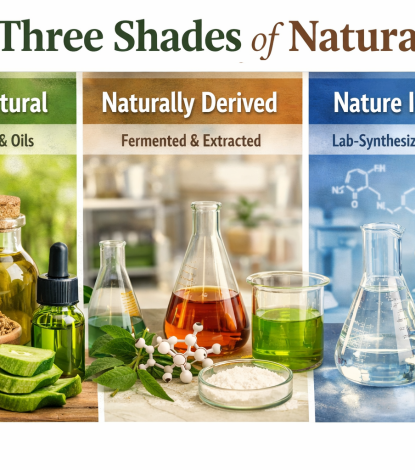 Three Shades of Natural clean beauty framework illustrating Purely Natural botanical oils and raw extracts, Naturally Derived fermented skincare ingredients, and Nature Identical lab-synthesized compounds used by ORY Skincare.