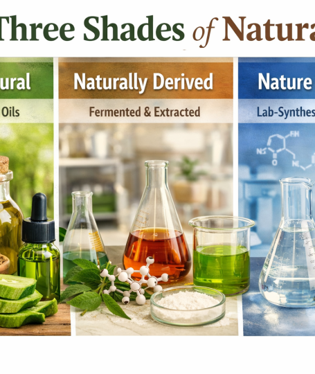 Three Shades of Natural clean beauty framework illustrating Purely Natural botanical oils and raw extracts, Naturally Derived fermented skincare ingredients, and Nature Identical lab-synthesized compounds used by ORY Skincare.