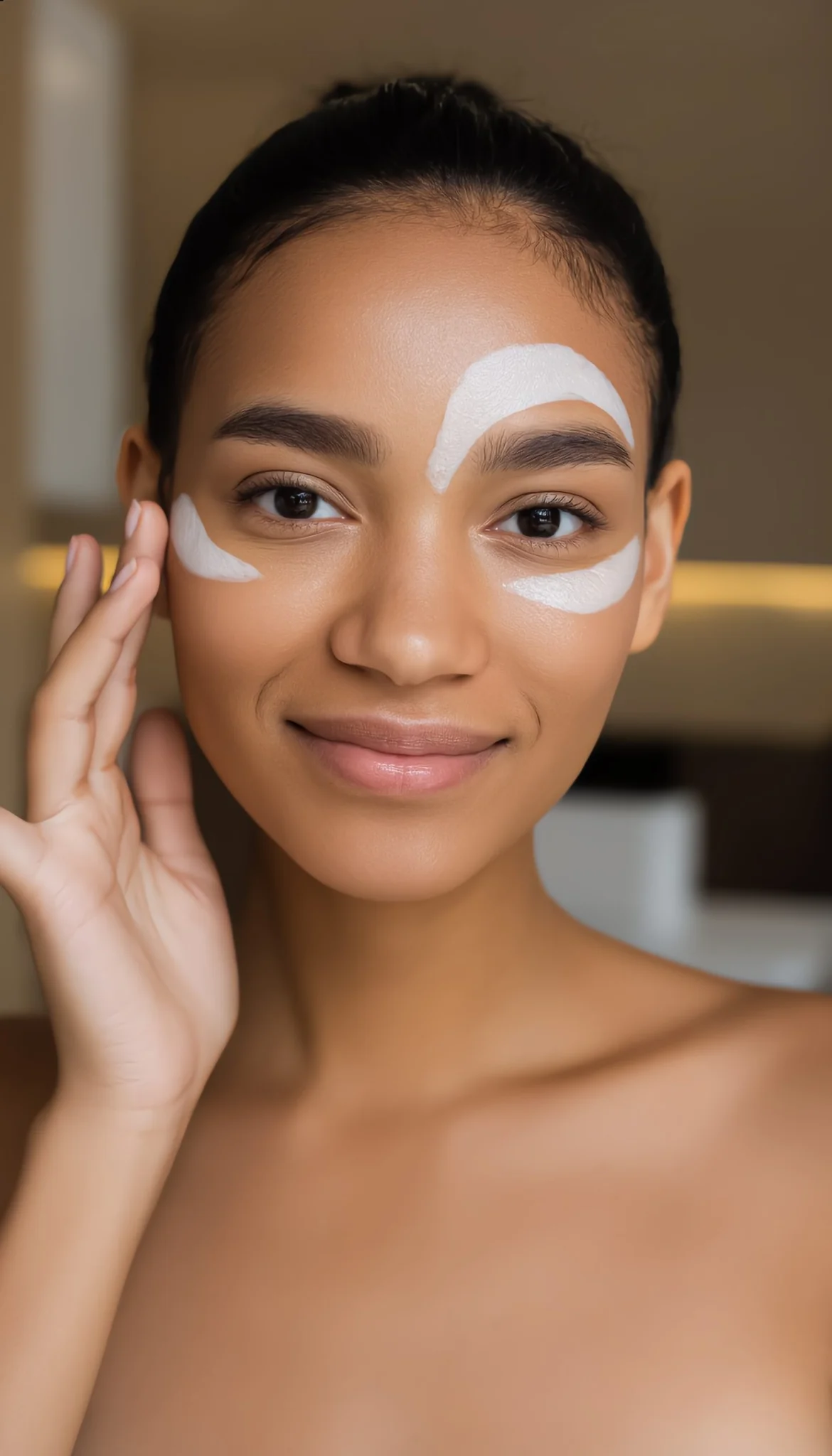 Woman with balanced hydration cream applied to T-zone and cheeks, representing combination skin care for ORY Skincare.