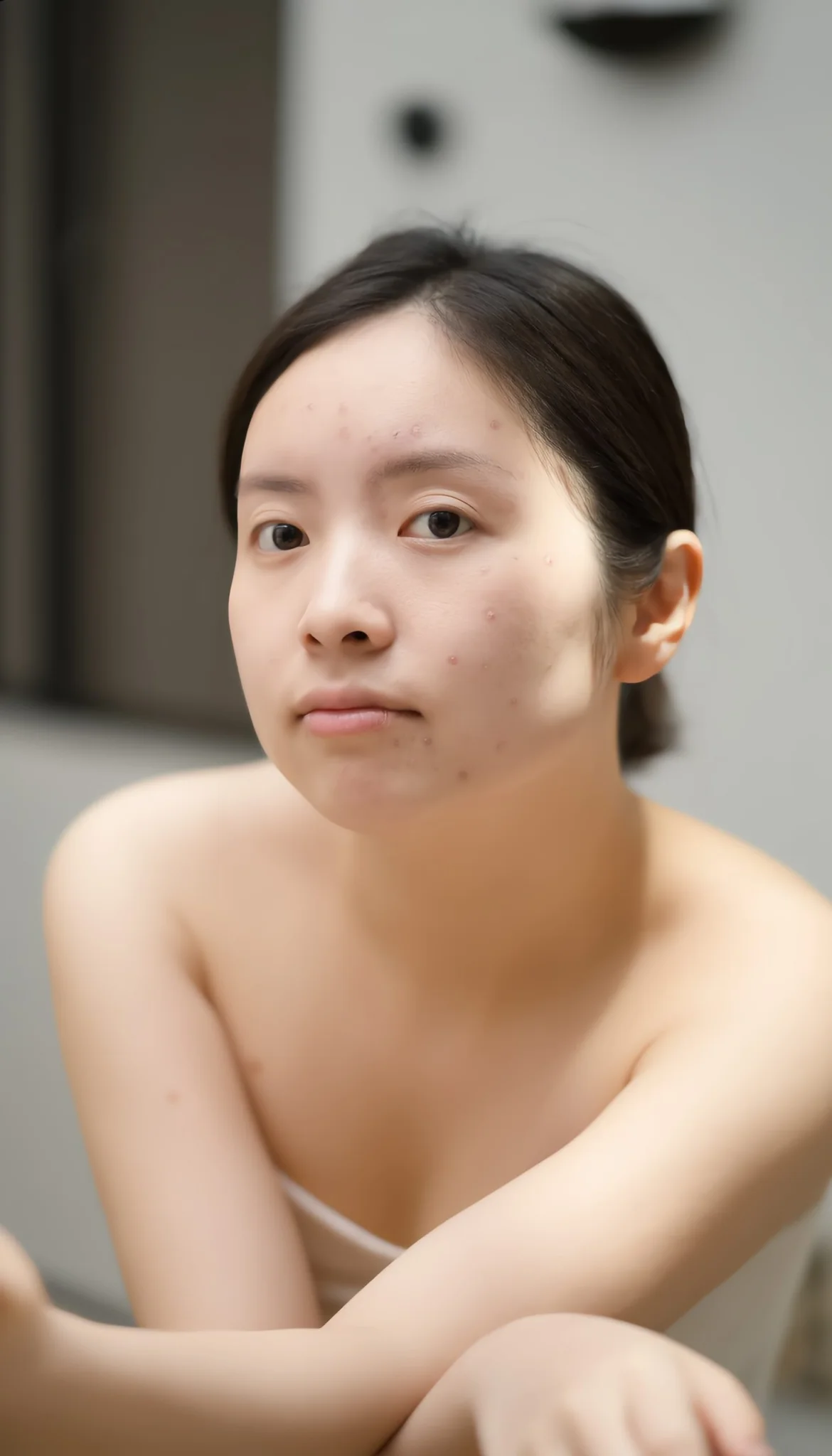 Woman with acne-prone skin showing blemishes and redness — ORY Skincare clarifying and soothing solutions for breakout-prone skin.