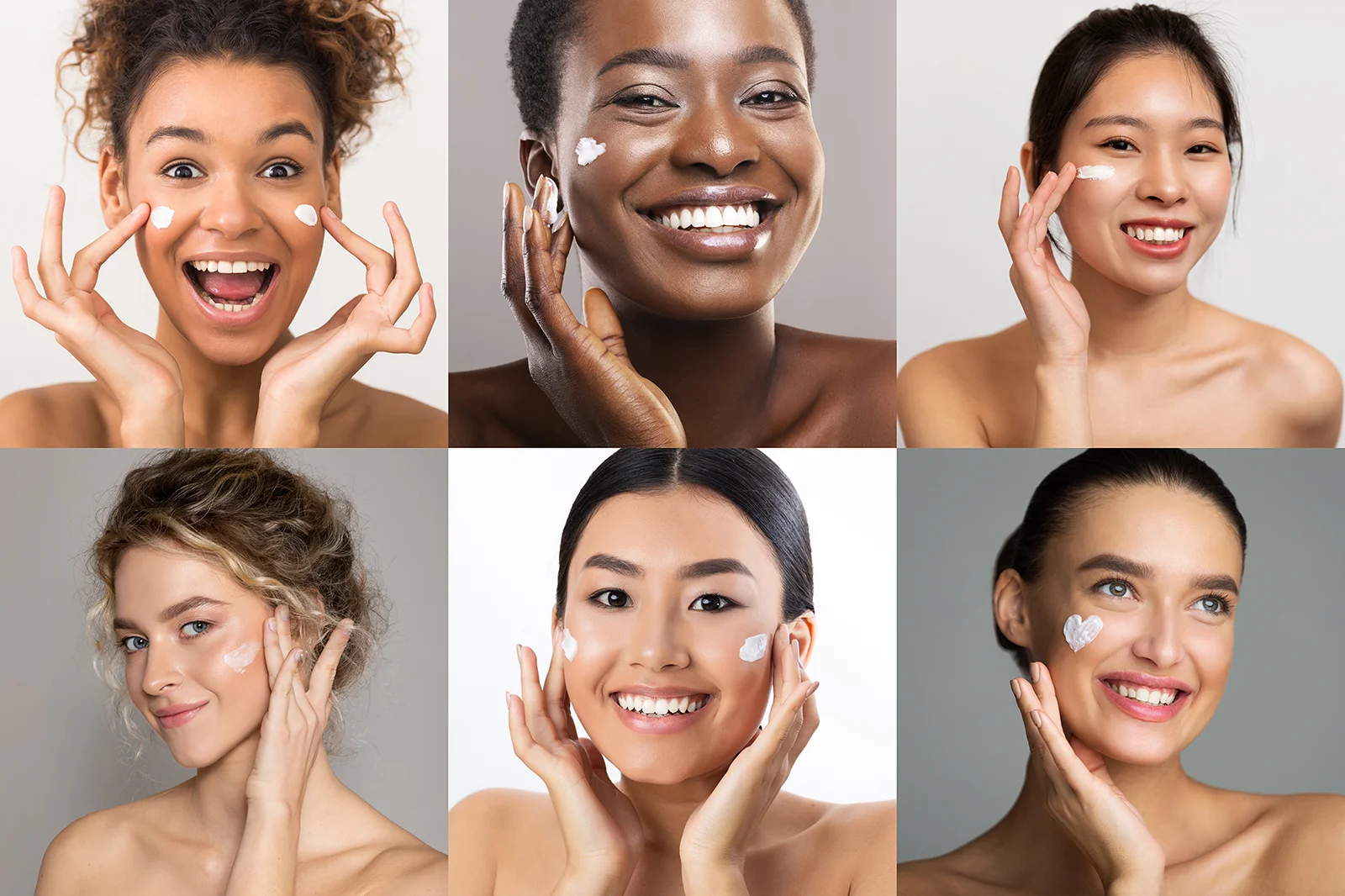 Diverse group of women with different skin tones applying facial cream, representing inclusive skincare and personalized routines for all skin types.
