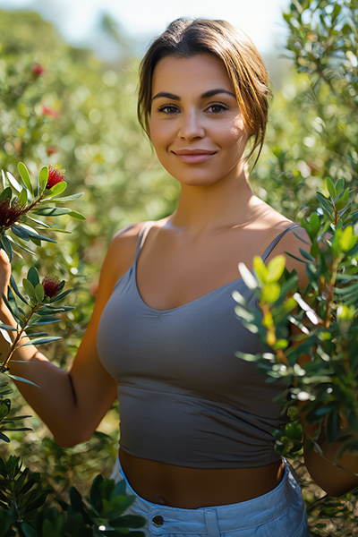 Tea Tree Oil – Clarifying Botanical for Balanced, Clear Skin Woman standing among tea tree foliage, representing tea tree oil’s natural purifying, antibacterial, and skin-balancing properties in skincare.