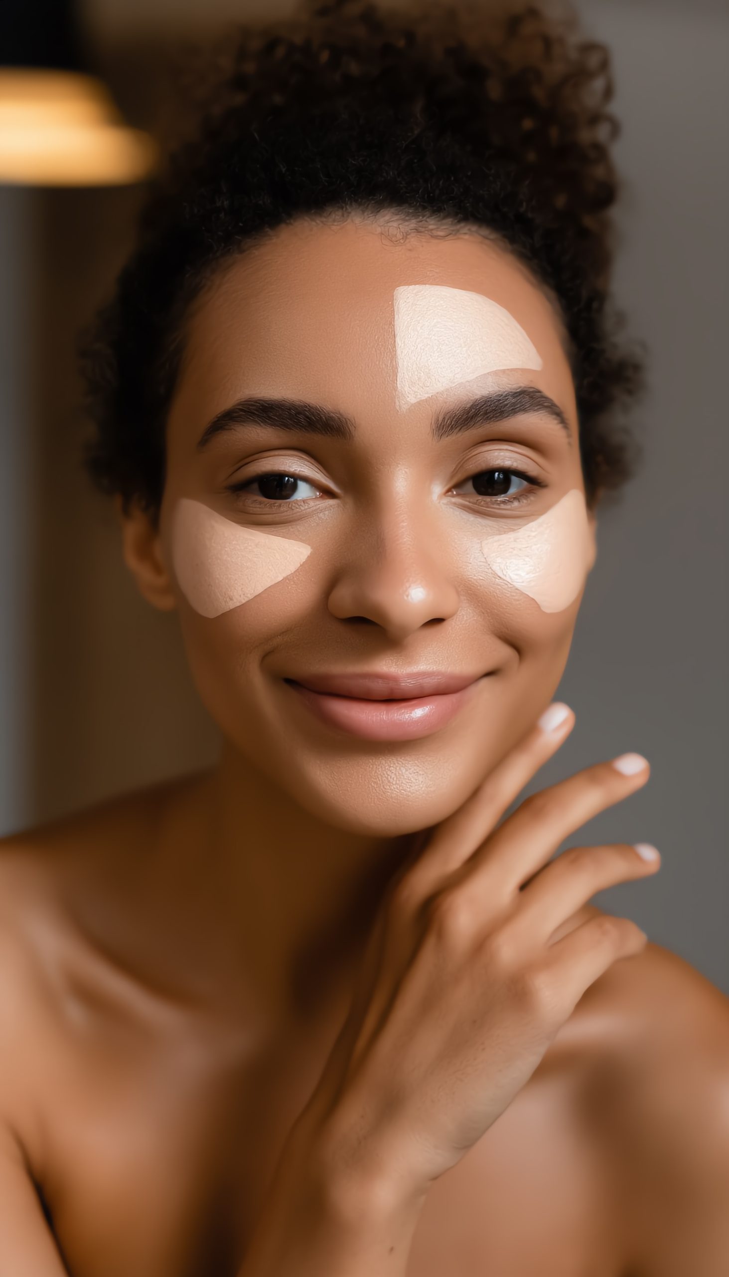 woman-combination-skin-5 Woman with combination skin applying moisturizer to T-zone and cheeks — ORY Skincare balancing botanical skincare for combination skin.