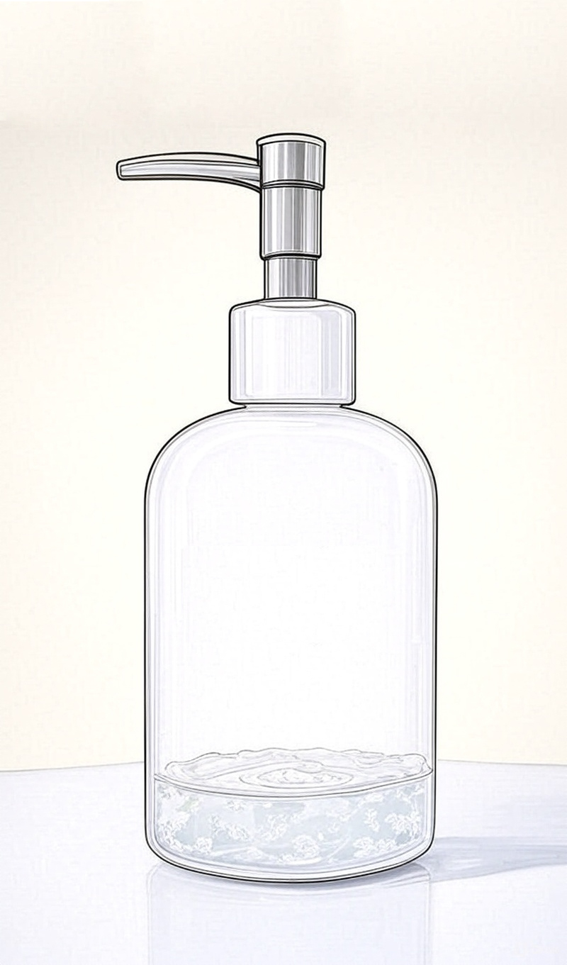 Illustrated clear glass ORY personalized bottle with pump dispenser containing light blue liquid, set against soft background, representing Oryskincare's custom botanical-infused skincare solutions for gentle, effective daily use and hydrated skin.