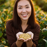 Woman holding fresh soybeans in a sunlit soybean field, representing soybean as a natural botanical ingredient used in skincare for nourishment and hydration.